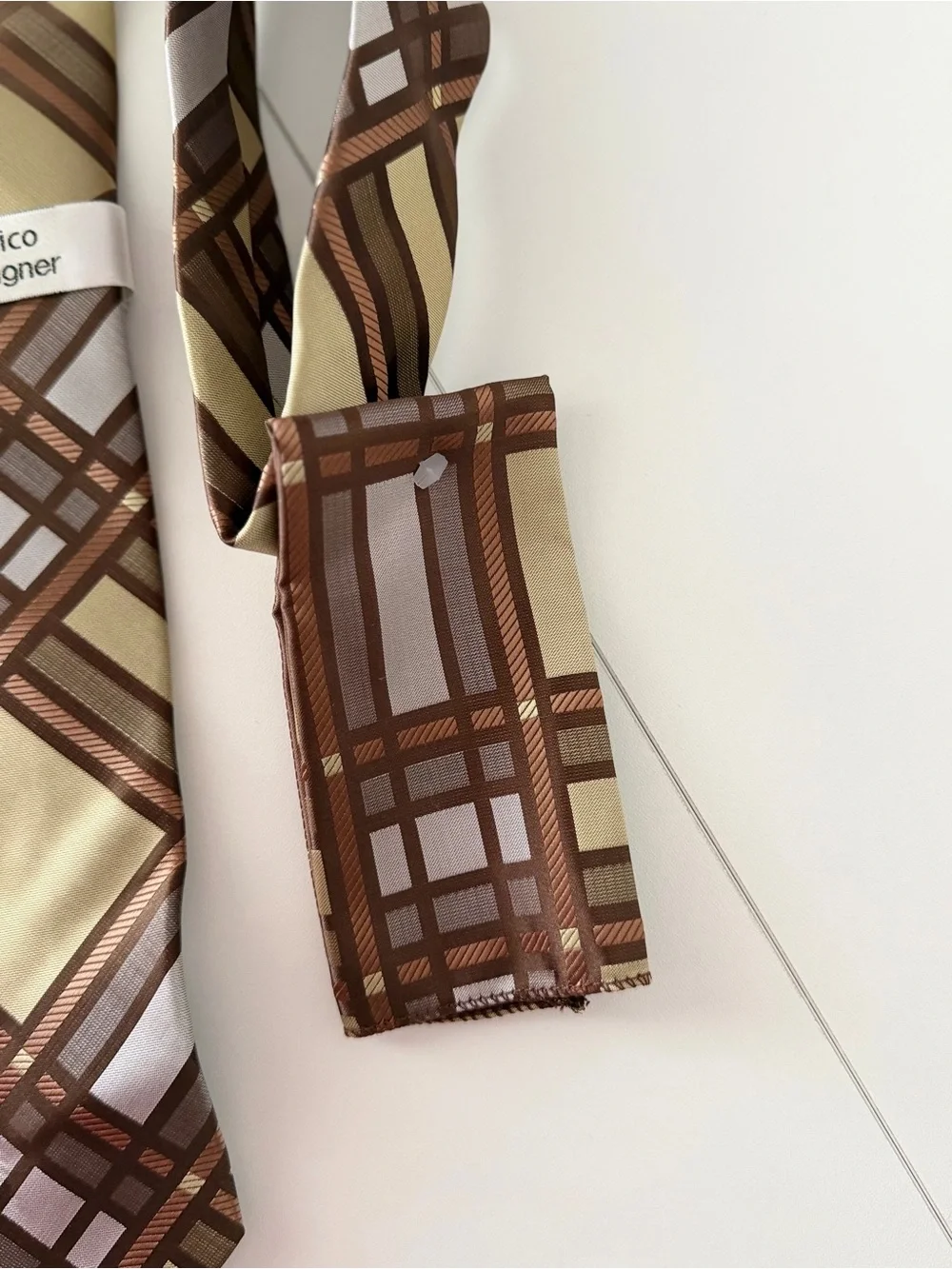 Vittorio Vico Italian Designer Silk Tie Brown Beige Geometric Plaid Made Italy